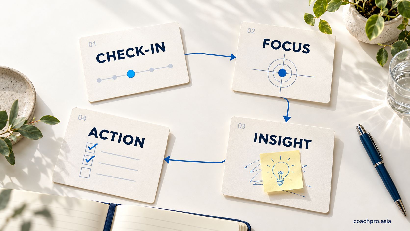 Dòng chảy từ Check in đến Action trong một phiên Coaching